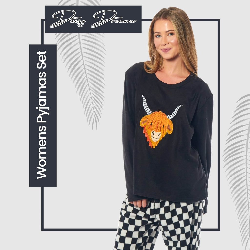OLIVIA ROCCO Womens Thermal Fleece Pyjamas Set Highland Cow Animal Print Winter Super Soft Cosy Home Loungewear - Joe’s Haven