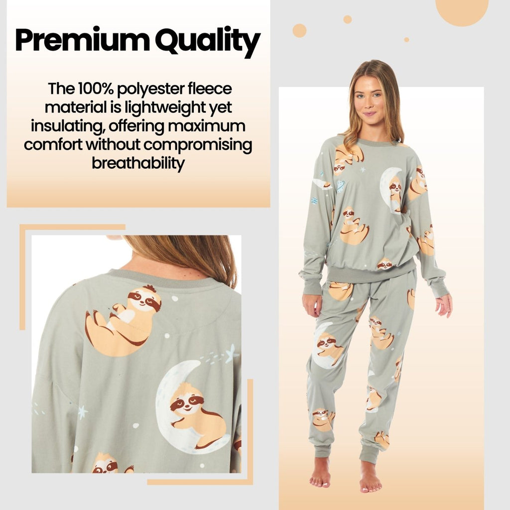 OLIVIA ROCCO Women's Sloth Soft Fleece Pyjama Set Long Sleeve Animal Print Warm Sleepwear - Joe’s Haven