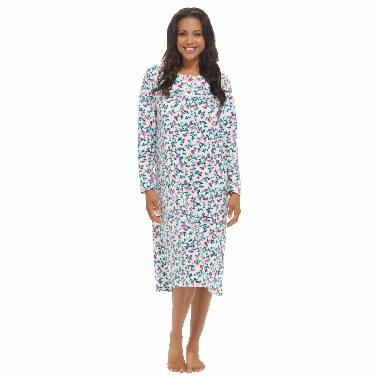 OLIVIA ROCCO Womens Fleece Nightdress Long Sleeve Floral Print Sleepwear Cosy Winter - Joe’s Haven
