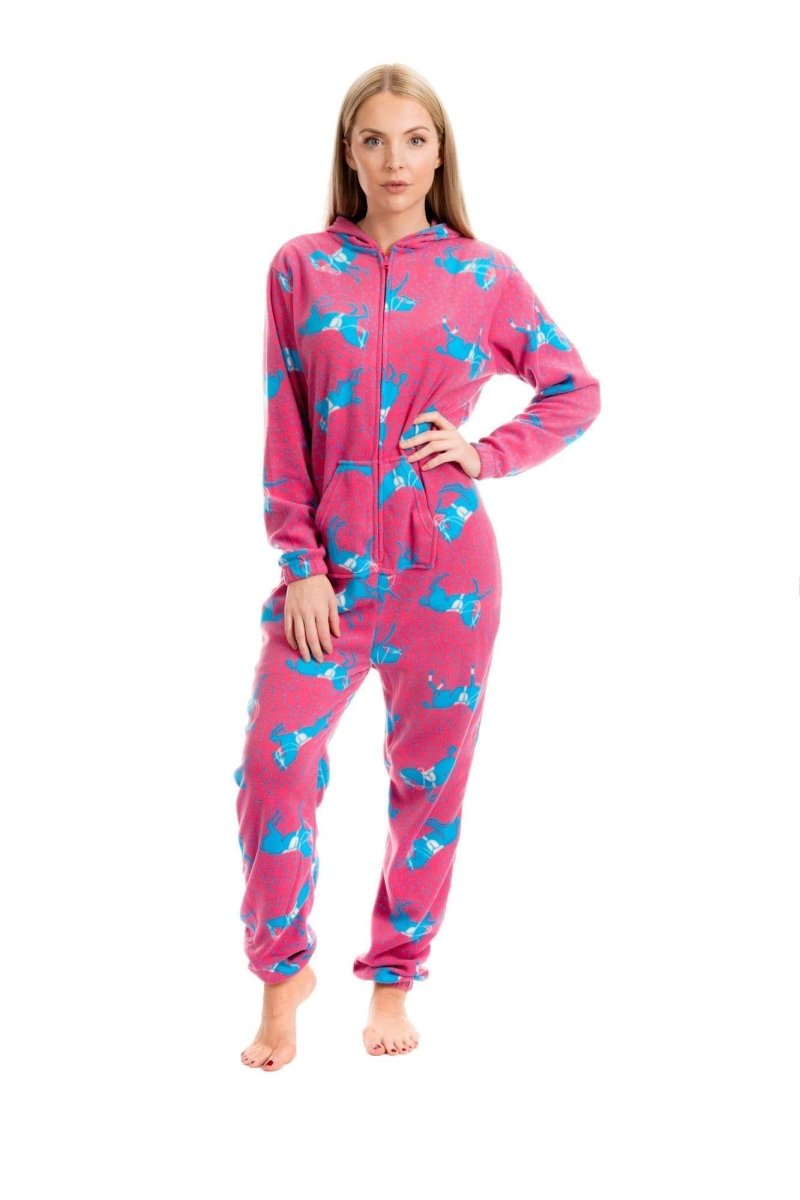 OLIVIA ROCCO Women's Pink Fleece Hooded All In One Onezee Pyjama Set With Horse Print - Joe’s Haven