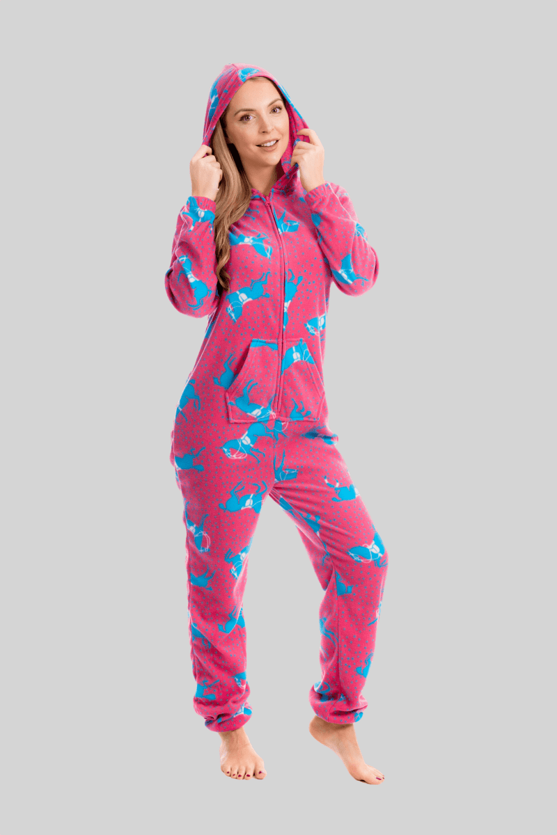 OLIVIA ROCCO Women's Pink Fleece Hooded All In One Onezee Pyjama Set With Horse Print - Joe’s Haven