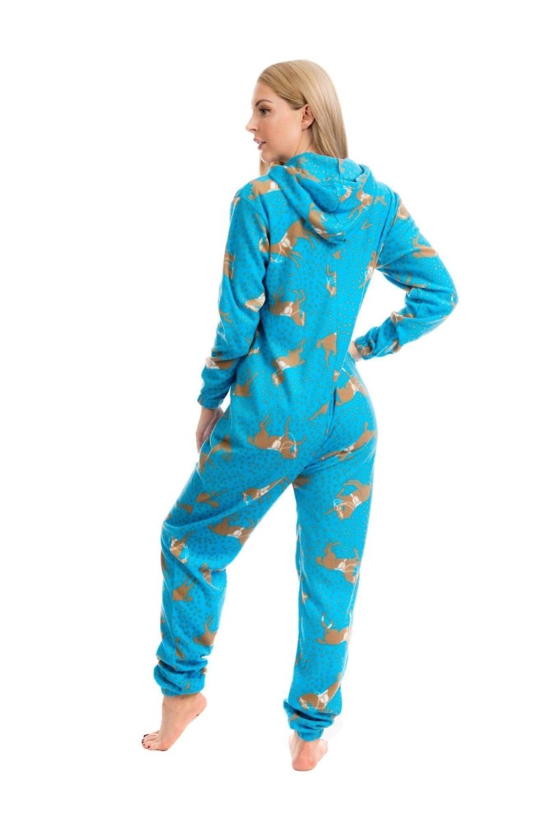 OLIVIA ROCCO Womens Blue Horse Print Hooded Fleece Onezee Pyjama Set For Warm Nightwear - Joe’s Haven
