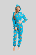 OLIVIA ROCCO Womens Blue Horse Print Hooded Fleece Onezee Pyjama Set For Warm Nightwear - Joe’s Haven