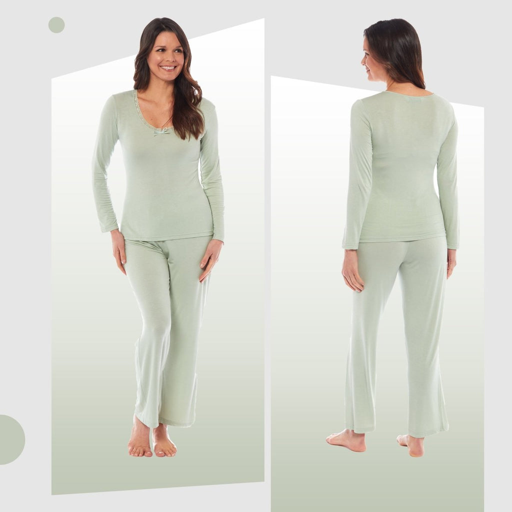 OLIVIA ROCCO Ladies Long Sleeve Pyjama Set Ultra Soft Viscose Spandex Black Green Cosy Easy - Care Nightwear Set - Joe’s Haven
