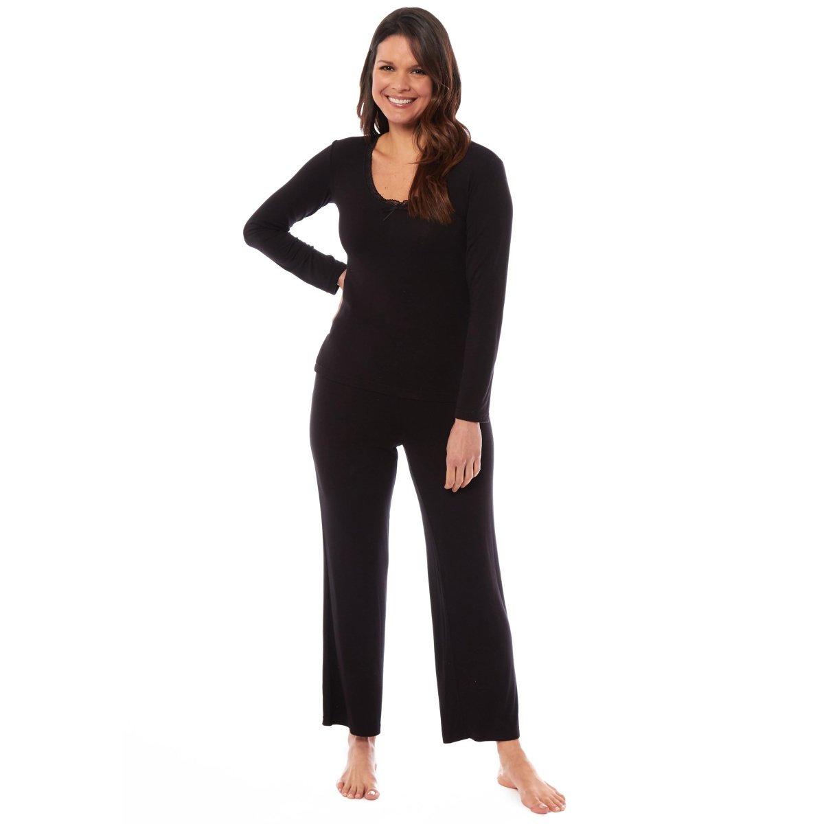 OLIVIA ROCCO Ladies Long Sleeve Pyjama Set Ultra Soft Viscose Spandex Black Green Cosy Easy - Care Nightwear Set - Joe’s Haven
