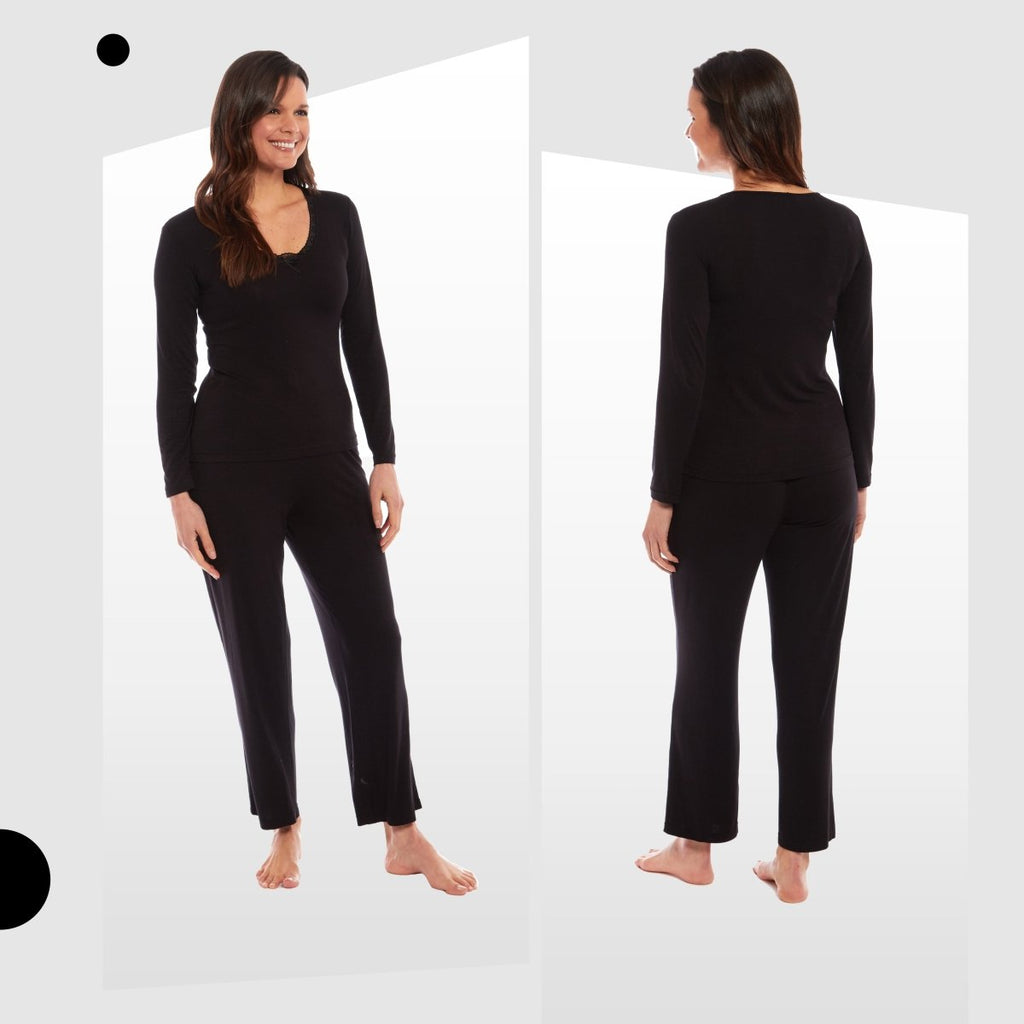OLIVIA ROCCO Ladies Long Sleeve Pyjama Set Ultra Soft Viscose Spandex Black Green Cosy Easy - Care Nightwear Set - Joe’s Haven