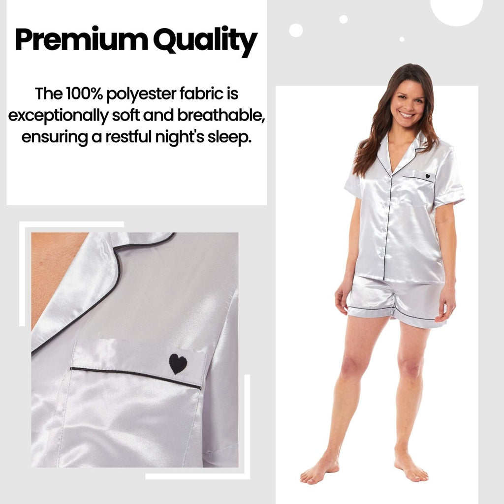 OLIVIA ROCCO Satin Silk Short Pyjama Set For Women Black Pink Grey UK 8 - 22 Loungewear - Joe’s Haven