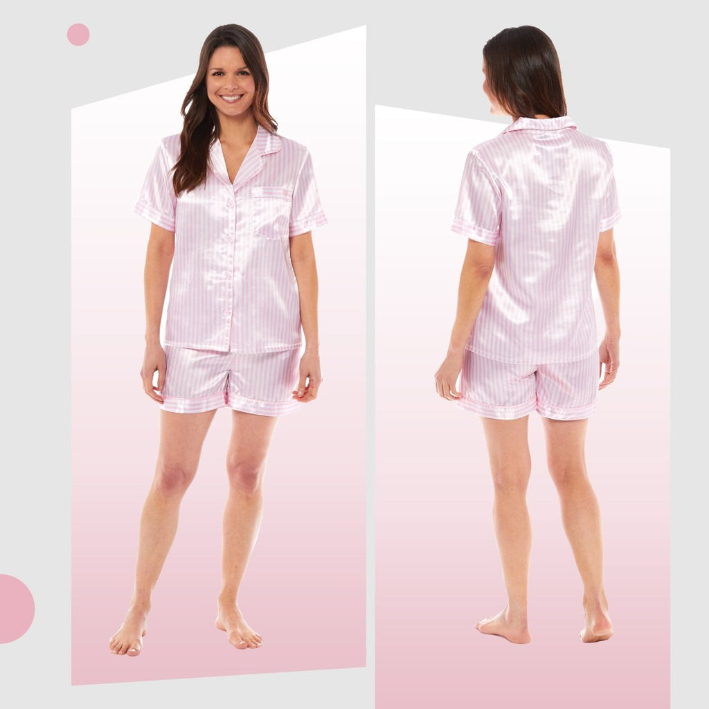 OLIVIA ROCCO Satin Silk Short Pyjama Set For Women Black Pink Grey UK 8 - 22 Loungewear - Joe’s Haven