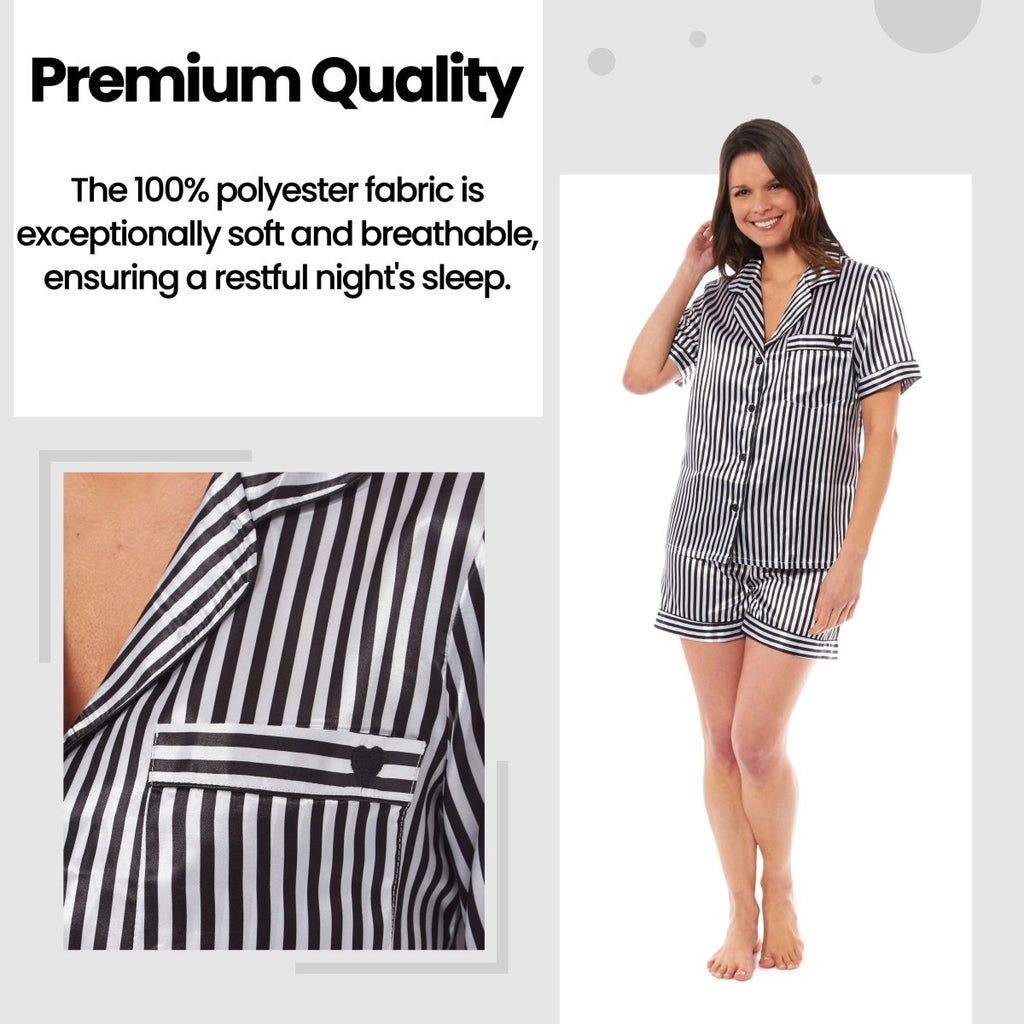OLIVIA ROCCO Satin Silk Short Pyjama Set For Women Black Pink Grey UK 8 - 22 Loungewear - Joe’s Haven