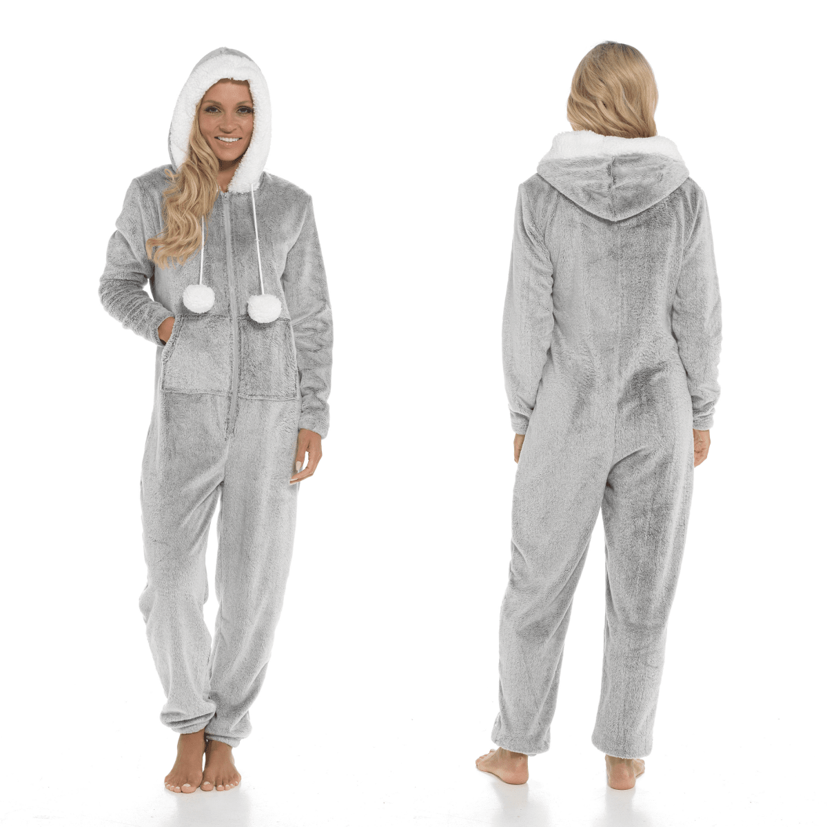 OLIVIA ROCCO Womens Shimmer Fleece Hooded Onesie With Zip Pockets Pompom Detail Easy - Care Hotel - Quality Textile - Joe’s Haven