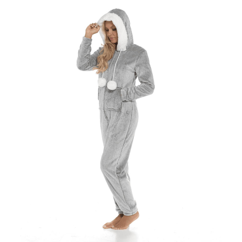 OLIVIA ROCCO Womens Shimmer Fleece Hooded Onesie With Zip Pockets Pompom Detail Easy - Care Hotel - Quality Textile - Joe’s Haven