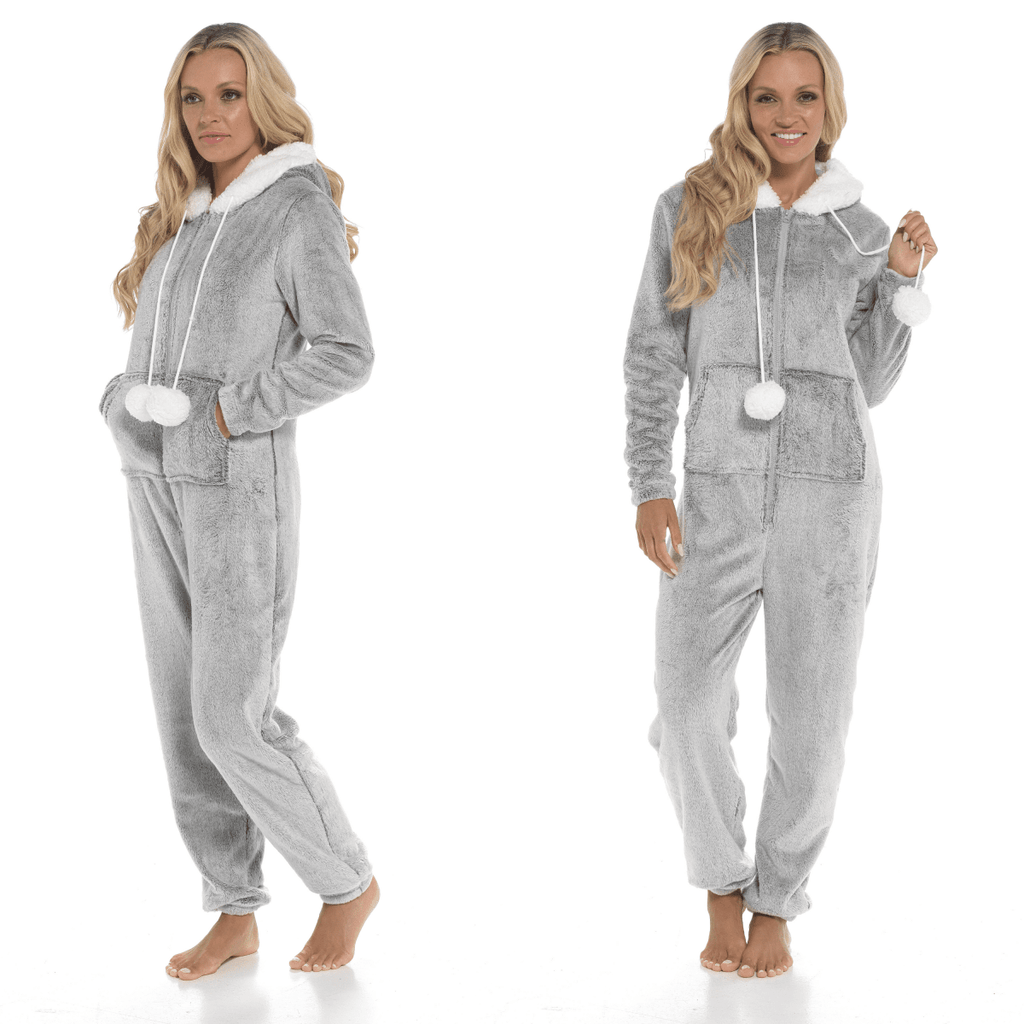 OLIVIA ROCCO Womens Shimmer Fleece Hooded Onesie With Zip Pockets Pompom Detail Easy - Care Hotel - Quality Textile - Joe’s Haven