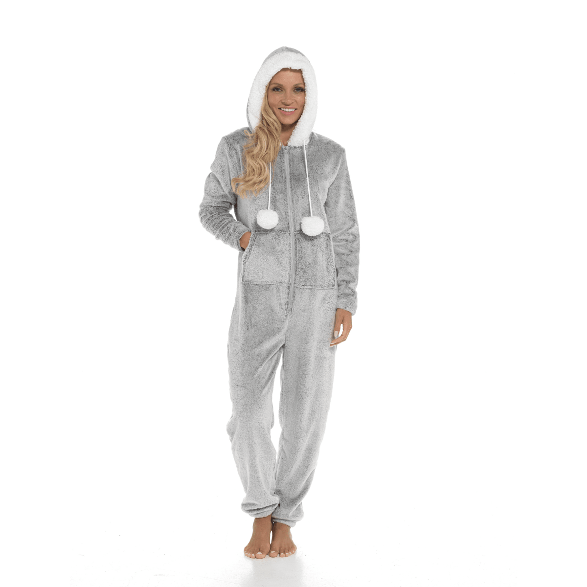 OLIVIA ROCCO Womens Shimmer Fleece Hooded Onesie With Zip Pockets Pompom Detail Easy - Care Hotel - Quality Textile - Joe’s Haven
