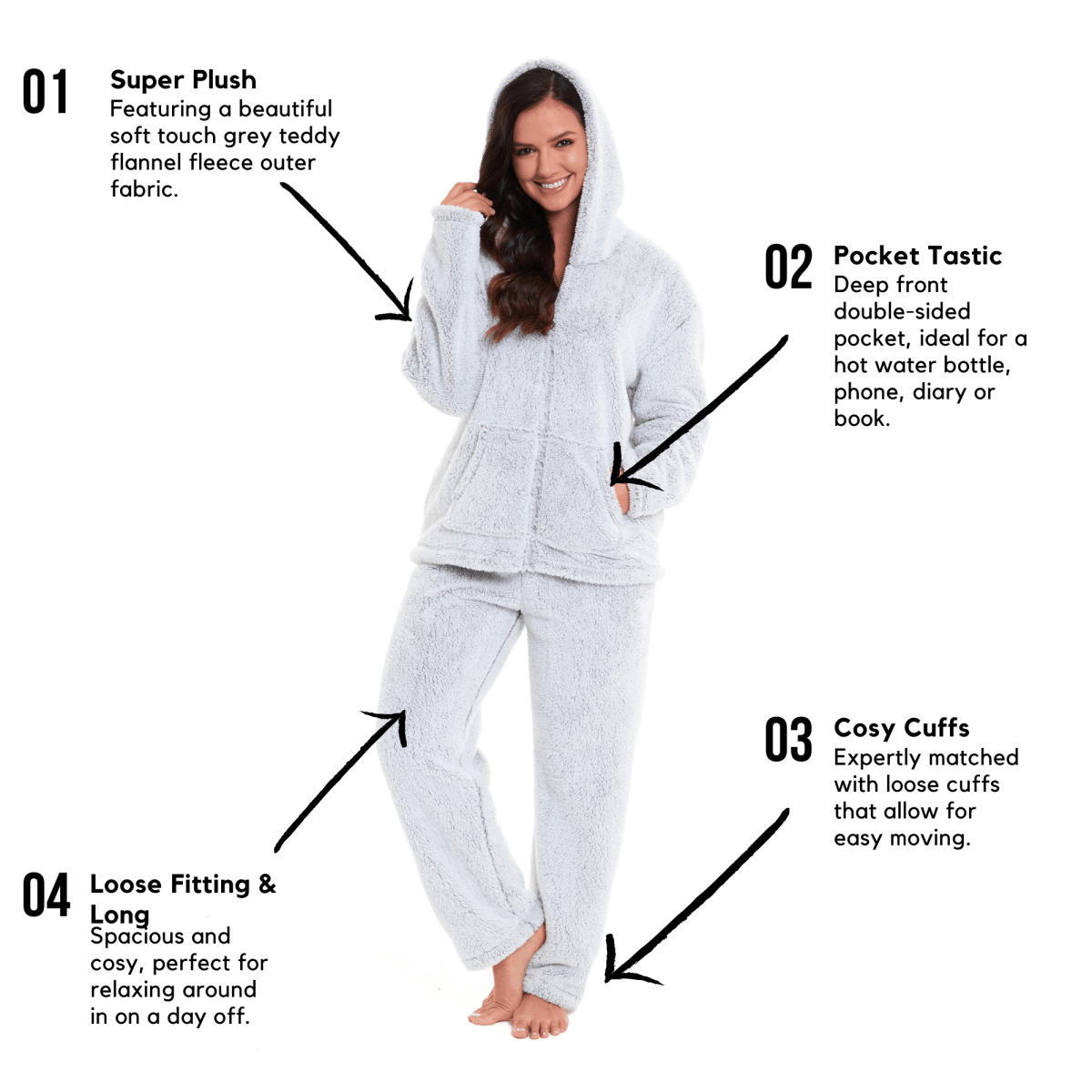 OLIVIA ROCCO Soft Grey Plush Fleece Zipped Hooded Pyjama Set With Zipped Front Super Soft Cosy Home Loungewear - Joe’s Haven