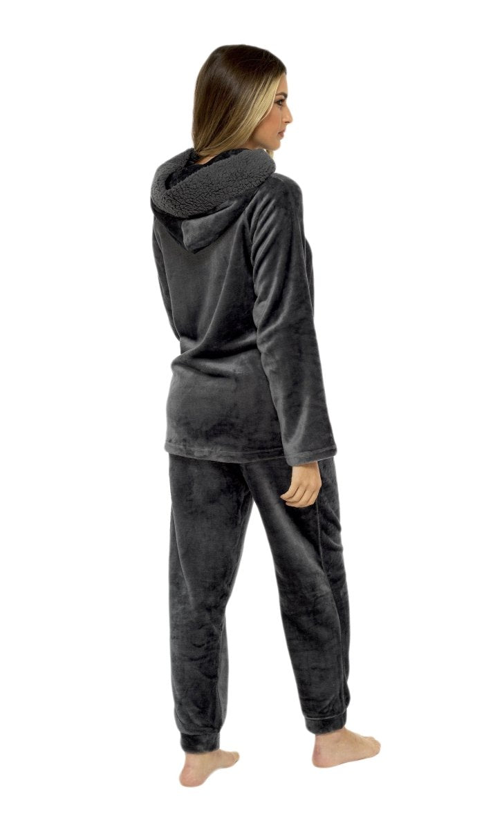 OLIVIA ROCCO Women's Charcoal Plush Fleece Hooded Pyjama Set With Sherpa Lining Super Soft Cosy Home Loungewear - Joe’s Haven