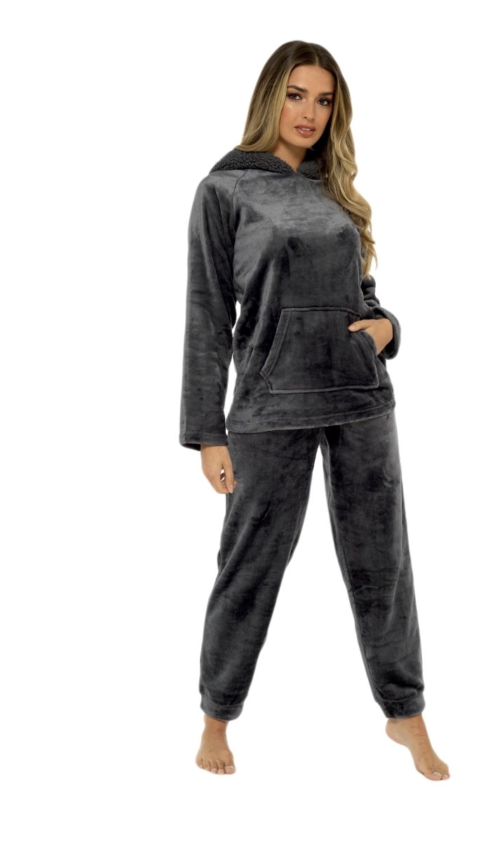 OLIVIA ROCCO Women's Charcoal Plush Fleece Hooded Pyjama Set With Sherpa Lining Super Soft Cosy Home Loungewear - Joe’s Haven