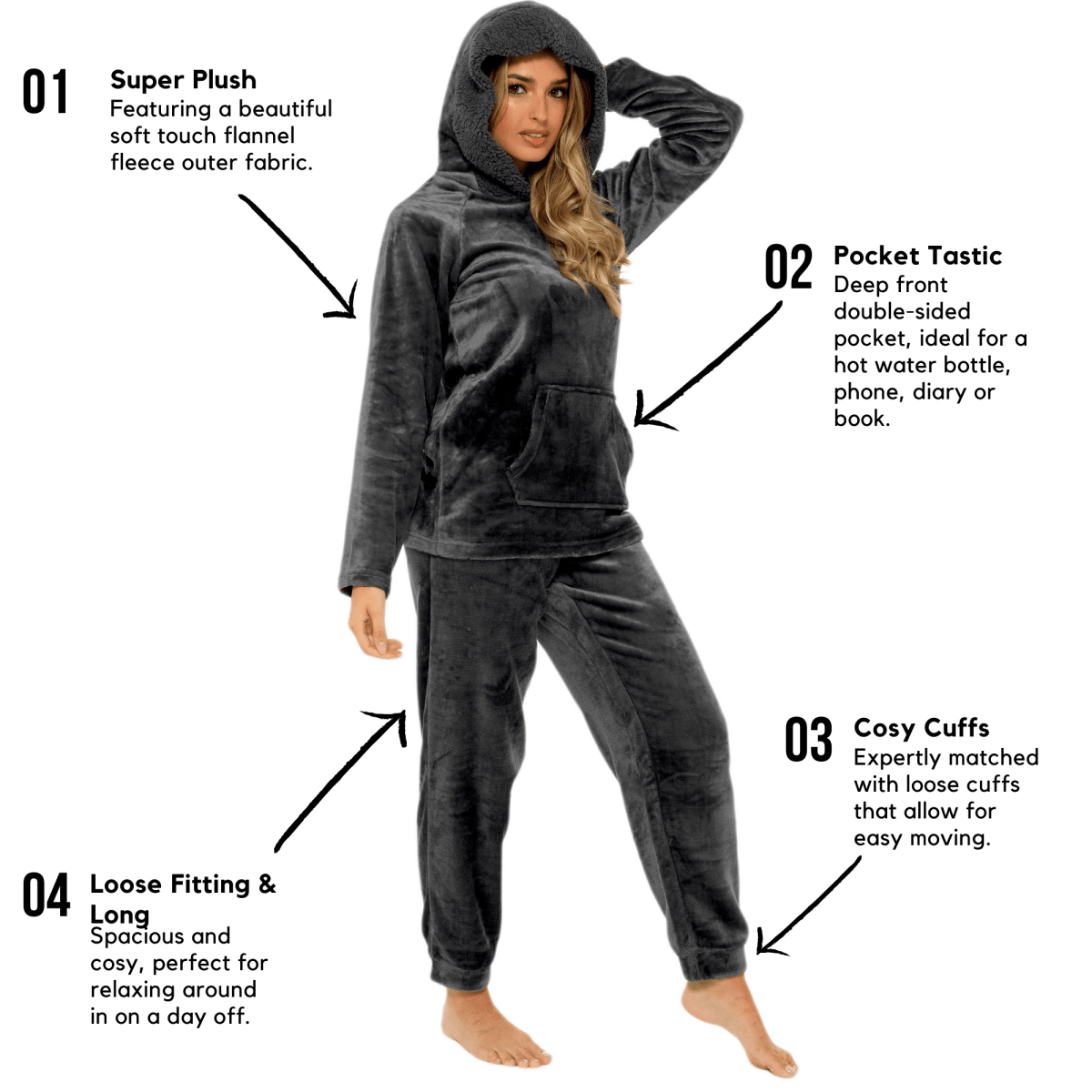 OLIVIA ROCCO Women's Charcoal Plush Fleece Hooded Pyjama Set With Sherpa Lining Super Soft Cosy Home Loungewear - Joe’s Haven