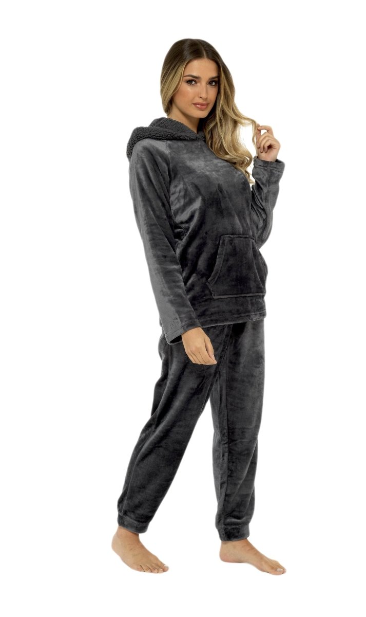 OLIVIA ROCCO Women's Charcoal Plush Fleece Hooded Pyjama Set With Sherpa Lining Super Soft Cosy Home Loungewear - Joe’s Haven