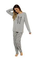 OLIVIA ROCCO Women's Grey Cotton Pyjama Set With Lazy Sloth Design Long Sleeve Sleepwear - Joe’s Haven