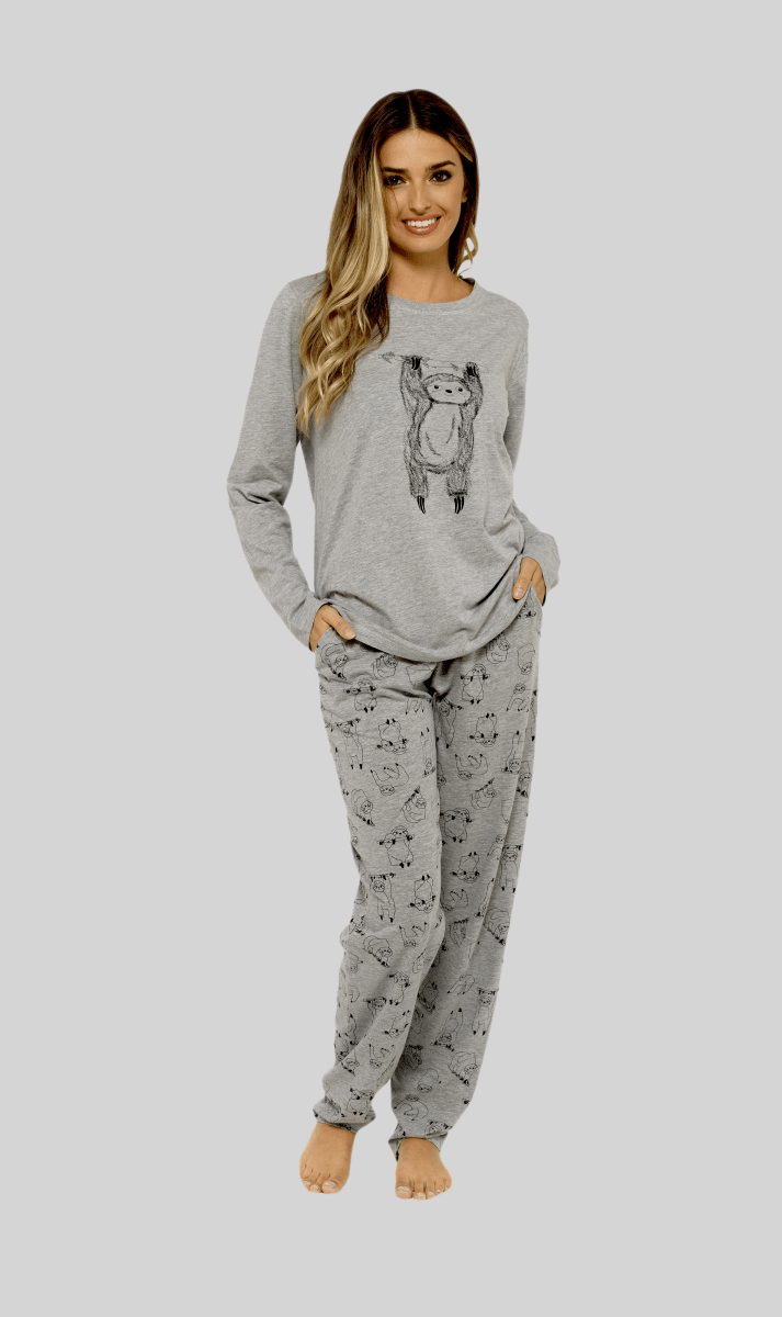 OLIVIA ROCCO Women's Grey Cotton Pyjama Set With Lazy Sloth Design Long Sleeve Sleepwear - Joe’s Haven