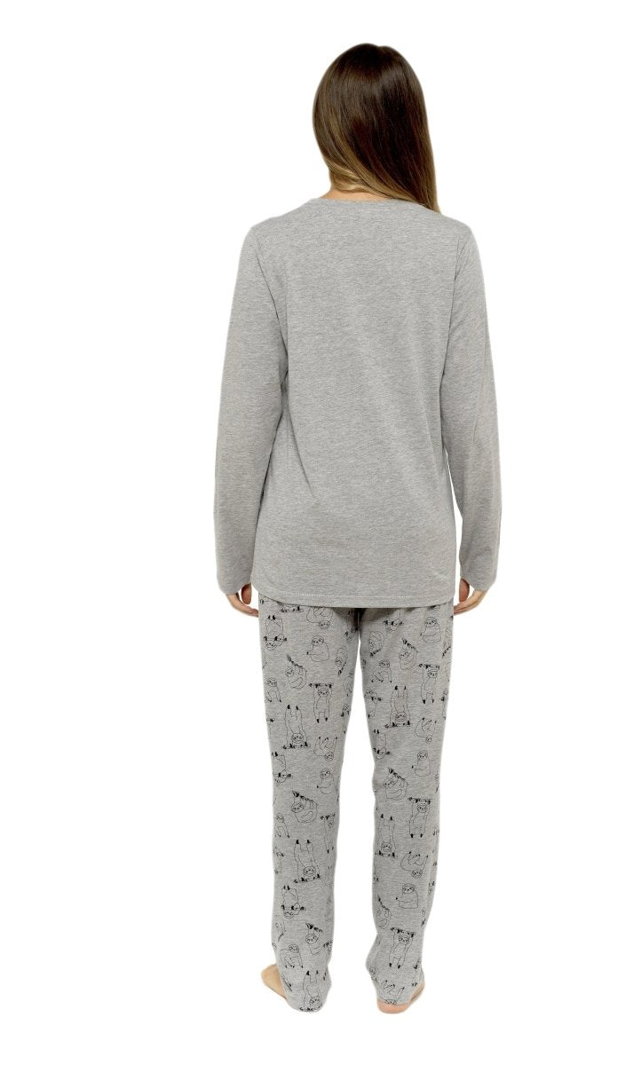 OLIVIA ROCCO Women's Grey Cotton Pyjama Set With Lazy Sloth Design Long Sleeve Sleepwear - Joe’s Haven