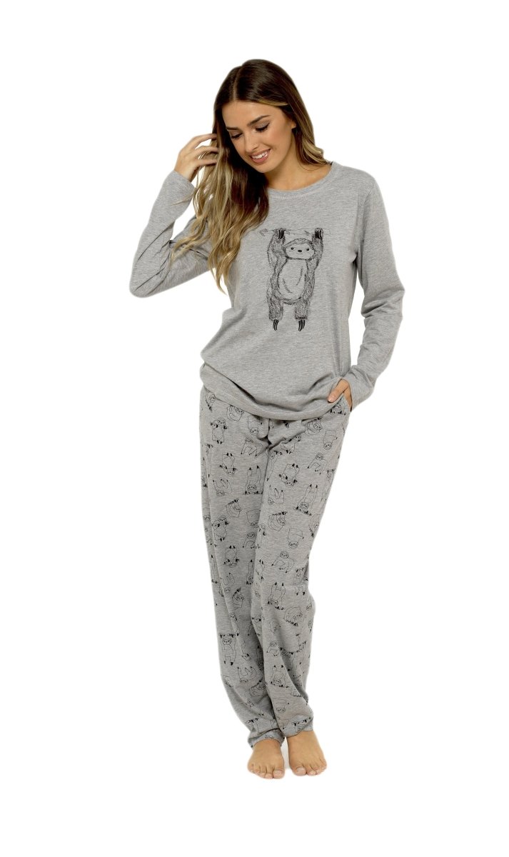 OLIVIA ROCCO Women's Grey Cotton Pyjama Set With Lazy Sloth Design Long Sleeve Sleepwear - Joe’s Haven
