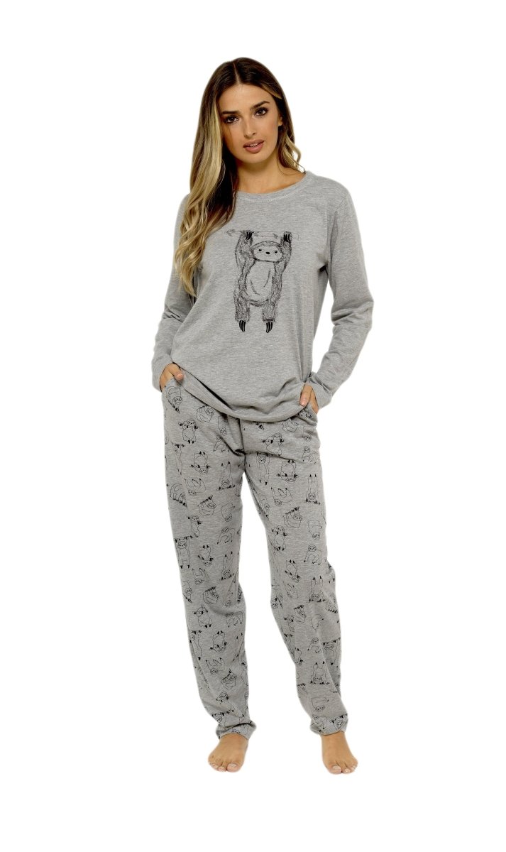 OLIVIA ROCCO Women's Grey Cotton Pyjama Set With Lazy Sloth Design Long Sleeve Sleepwear - Joe’s Haven