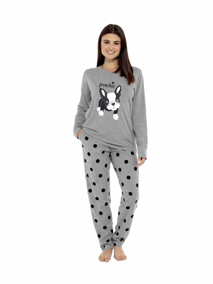 OLIVIA ROCCO Women's Grey Cotton Pyjama Set With Polka Dot Pants And Frenchie Pugs Print - Joe’s Haven