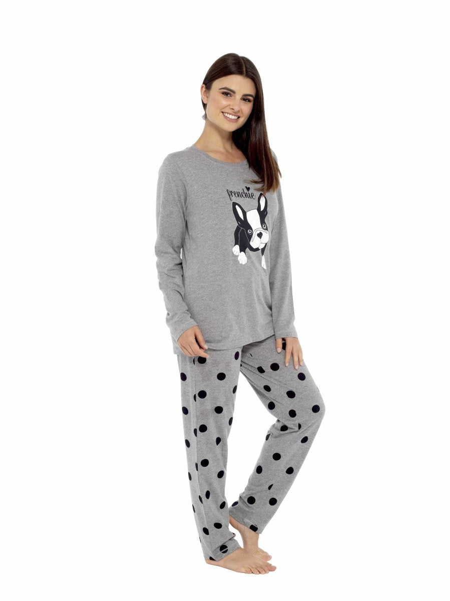 OLIVIA ROCCO Women's Grey Cotton Pyjama Set With Polka Dot Pants And Frenchie Pugs Print - Joe’s Haven
