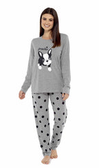 OLIVIA ROCCO Women's Grey Cotton Pyjama Set With Polka Dot Pants And Frenchie Pugs Print - Joe’s Haven