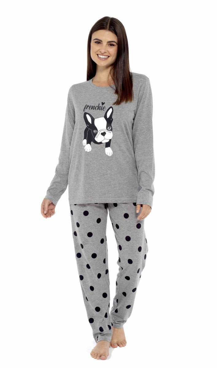 OLIVIA ROCCO Women's Grey Cotton Pyjama Set With Polka Dot Pants And Frenchie Pugs Print - Joe’s Haven