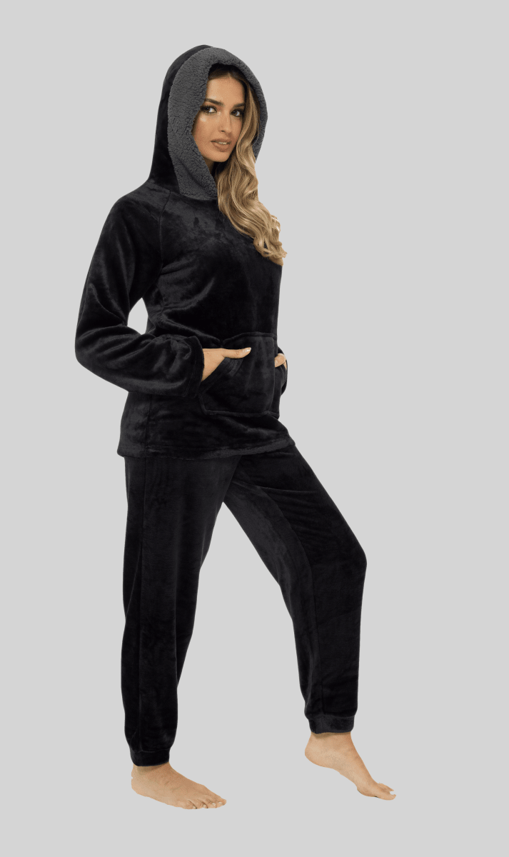 OLIVIA ROCCO Women's Hooded Pyjama Set Black Plush Fleece with Sherpa Lining Ultra Soft - Joe’s Haven