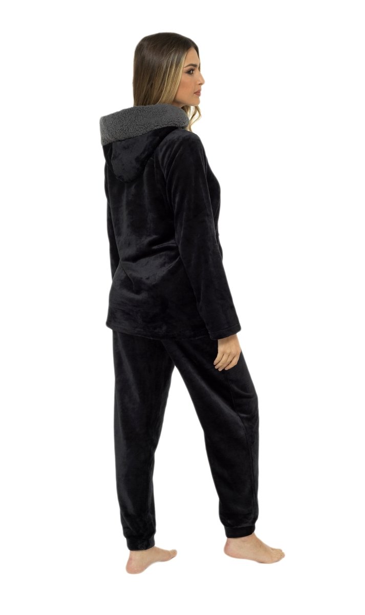 OLIVIA ROCCO Women's Hooded Pyjama Set Black Plush Fleece with Sherpa Lining Ultra Soft - Joe’s Haven
