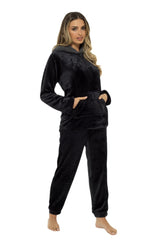 OLIVIA ROCCO Women's Hooded Pyjama Set Black Plush Fleece with Sherpa Lining Ultra Soft - Joe’s Haven