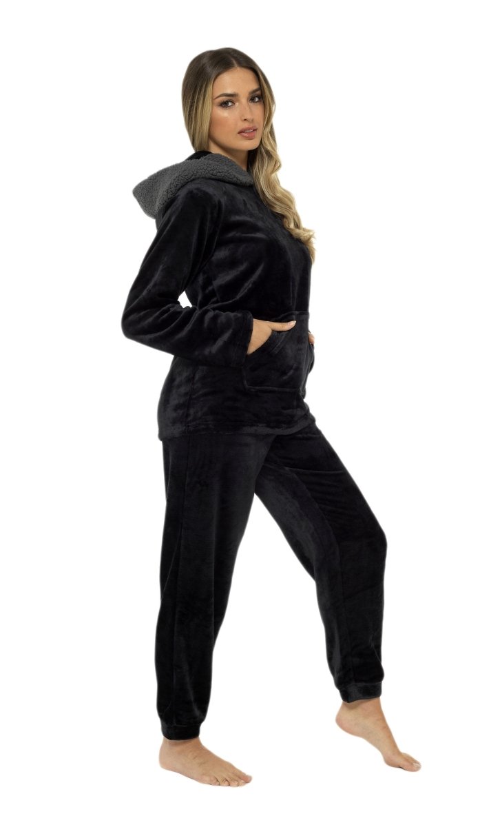 OLIVIA ROCCO Women's Hooded Pyjama Set Black Plush Fleece with Sherpa Lining Ultra Soft - Joe’s Haven
