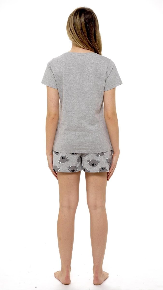 OLIVIA ROCCO Women's Koala Bear Grey Cotton Pyjama Set With T Shirt And Shorts Cosy Easy - Care Nightwear Set - Joe’s Haven