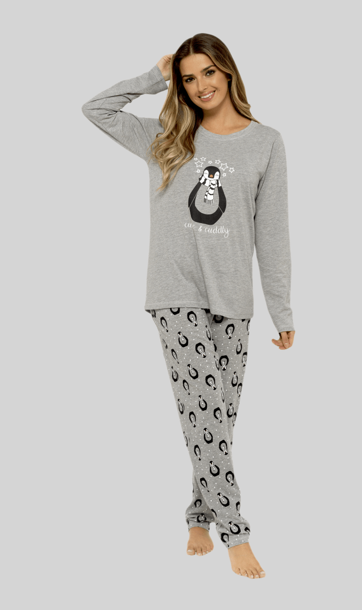 OLIVIA ROCCO Women's Penguin Stars Grey Cotton Pyjama Set Easy-Care Super Soft Sleep Set - Joe’s Haven