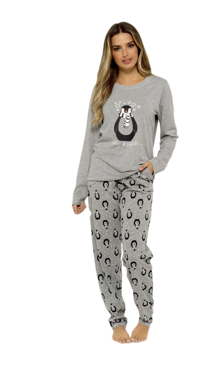 OLIVIA ROCCO Women's Penguin Stars Grey Cotton Pyjama Set Easy-Care Super Soft Sleep Set - Joe’s Haven