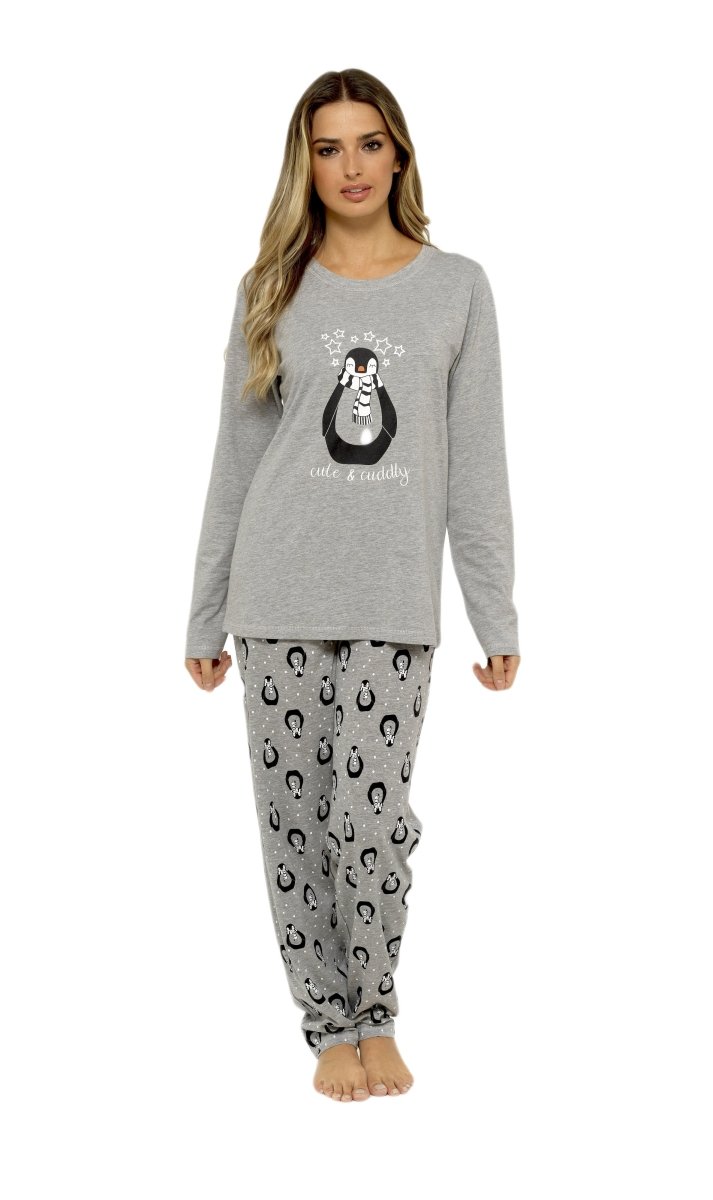 OLIVIA ROCCO Women's Penguin Stars Grey Cotton Pyjama Set Easy-Care Super Soft Sleep Set - Joe’s Haven
