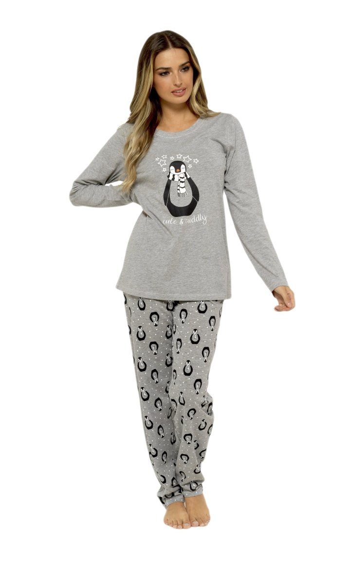 OLIVIA ROCCO Women's Penguin Stars Grey Cotton Pyjama Set Easy-Care Super Soft Sleep Set - Joe’s Haven