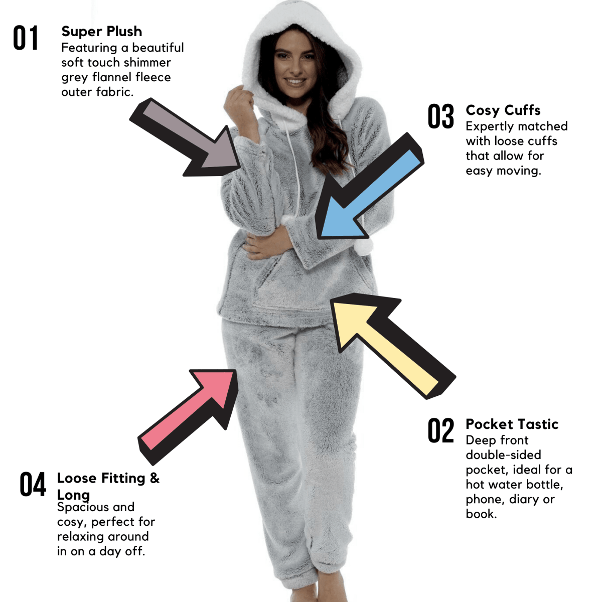 OLIVIA ROCCO Women Shimmer Grey Plush Fleece Hooded Pyjama Set With Sherpa Trim Easy - Care Super Soft Sleep Set - Joe’s Haven