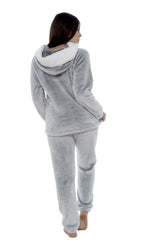 OLIVIA ROCCO Women Shimmer Grey Plush Fleece Hooded Pyjama Set With Sherpa Trim Easy - Care Super Soft Sleep Set - Joe’s Haven