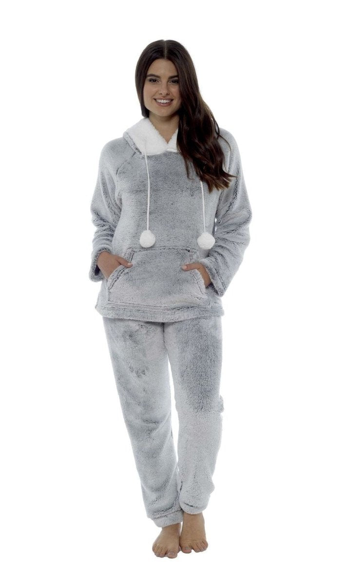 OLIVIA ROCCO Women Shimmer Grey Plush Fleece Hooded Pyjama Set With Sherpa Trim Easy - Care Super Soft Sleep Set - Joe’s Haven
