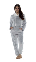 OLIVIA ROCCO Women Shimmer Grey Plush Fleece Hooded Pyjama Set With Sherpa Trim Easy - Care Super Soft Sleep Set - Joe’s Haven
