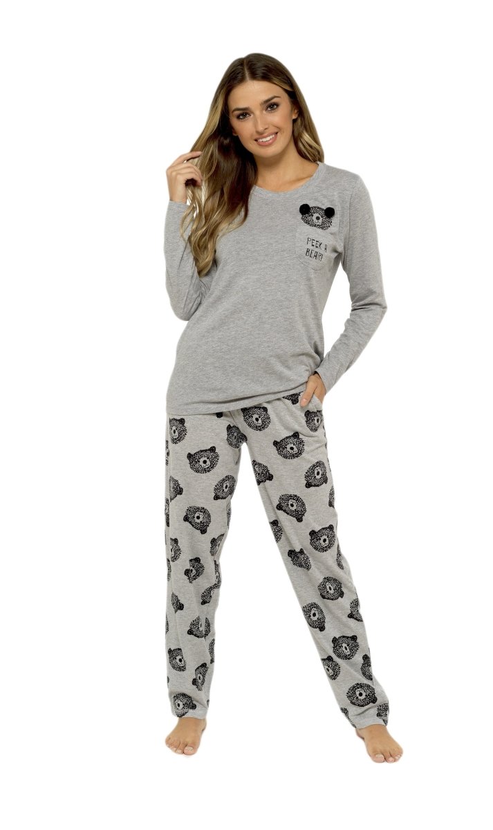 OLIVIA ROCCO Womens Grey Cotton Pyjama Set With Teddy Bear Design Cosy Easy-Care Nightwear Set - Joe’s Haven