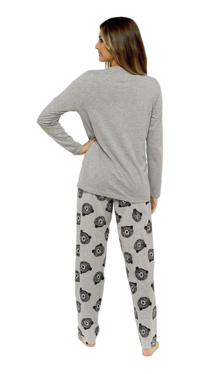OLIVIA ROCCO Womens Grey Cotton Pyjama Set With Teddy Bear Design Cosy Easy-Care Nightwear Set - Joe’s Haven