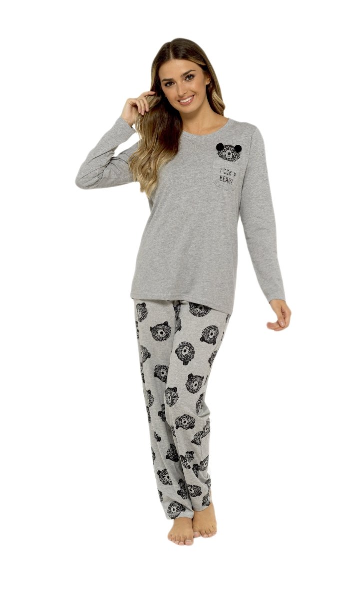 OLIVIA ROCCO Womens Grey Cotton Pyjama Set With Teddy Bear Design Cosy Easy-Care Nightwear Set - Joe’s Haven