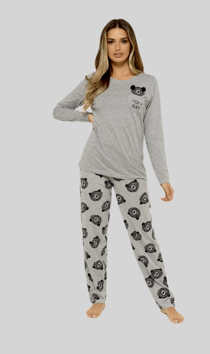 OLIVIA ROCCO Womens Grey Cotton Pyjama Set With Teddy Bear Design Cosy Easy-Care Nightwear Set - Joe’s Haven