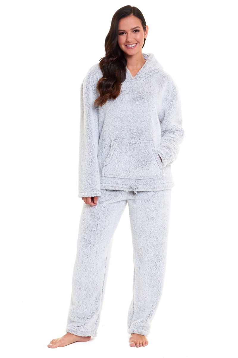 OLIVIA ROCCO Womens Plush Fleece Hooded Pyjama Set Grey Soft Teddy Fabric UK Size 8 - 22 - Joe’s Haven