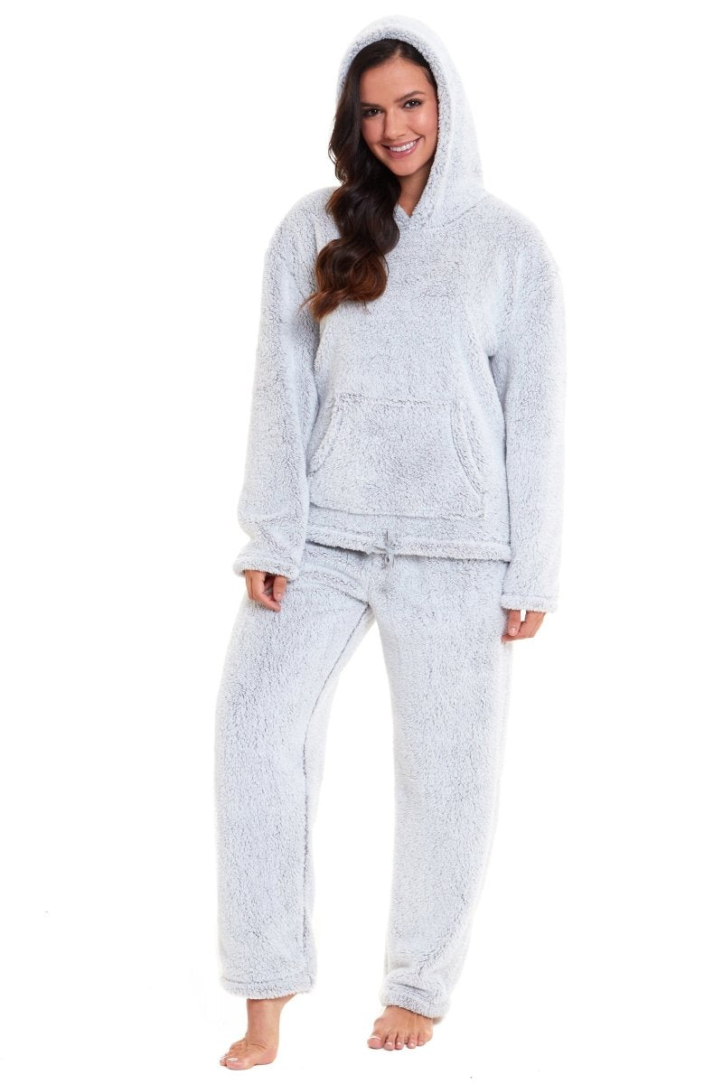 OLIVIA ROCCO Womens Plush Fleece Hooded Pyjama Set Grey Soft Teddy Fabric UK Size 8 - 22 - Joe’s Haven
